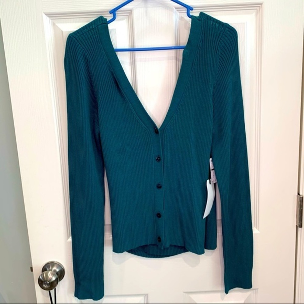 Leith‎ teal button front sweater open back size LG